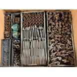 Workshop consumables in metal storage trays - heavy duty bolts, nuts, washers, chains - approx 820kg