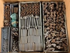 Workshop consumables in metal storage trays - heavy duty bolts, nuts, washers, chains - approx 820kg