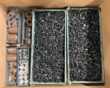 Workshop consumables in metal storage trays - heavy duty bolts, nuts, washers, studs - approx 915kg