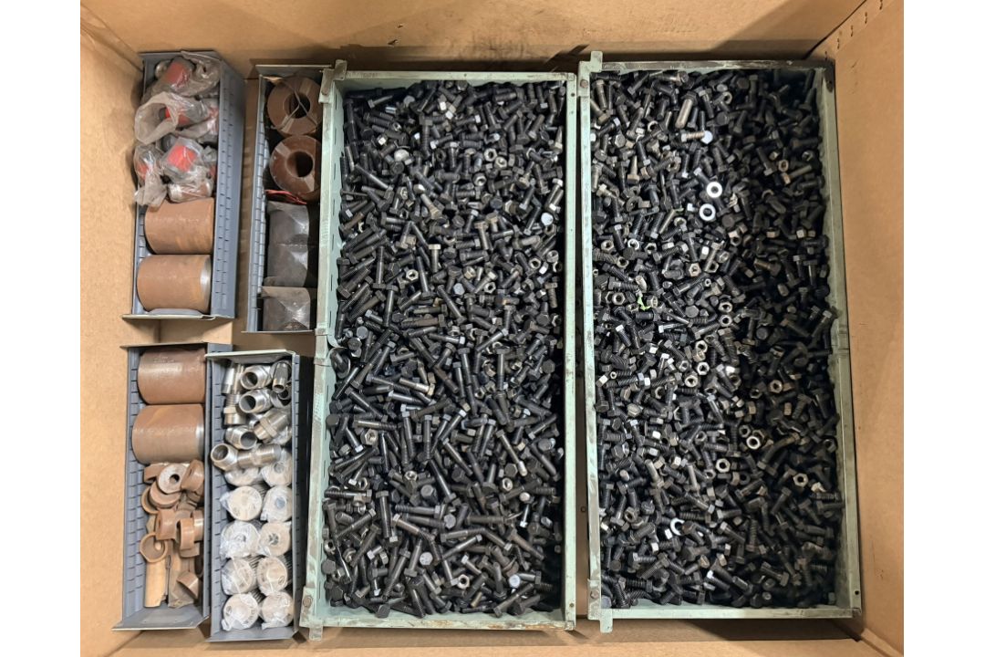 Workshop consumables in metal storage trays - heavy duty bolts, nuts, washers, studs - approx 915kg - Image 1 of 17