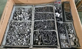 Workshop consumables in metal storage trays - bolts, nuts, washers, machine screws - approx 860kg