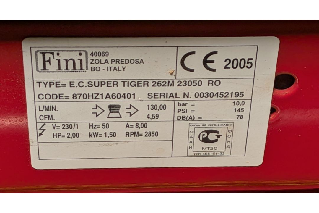 Fini Super Tiger MK262M portable air compressor - 10 bar/145 psi - 230V - Image 2 of 8