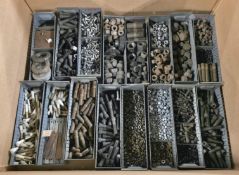 Workshop consumables in metal storage trays - bolts, nuts, studs, plastic clip - approx 825kg
