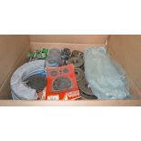 Workshop consumables in metal storage trays - heavy duty bolts, rubber seals, filters - approx 382kg
