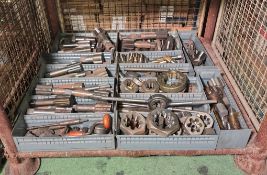 Workshop hardware and consumables in metal storage trays - heavy duty drill taps, dies