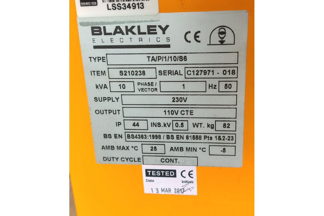 BLAKLEY TA/P/1/10/S6 240V-110V 10kVA Transformer - Image 5 of 5