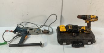 DEWALT DCD985M2 18V Battery Drill c/w 2 Batteries and Charger & BOSCH GBM23-2E 110V Rotary Drill