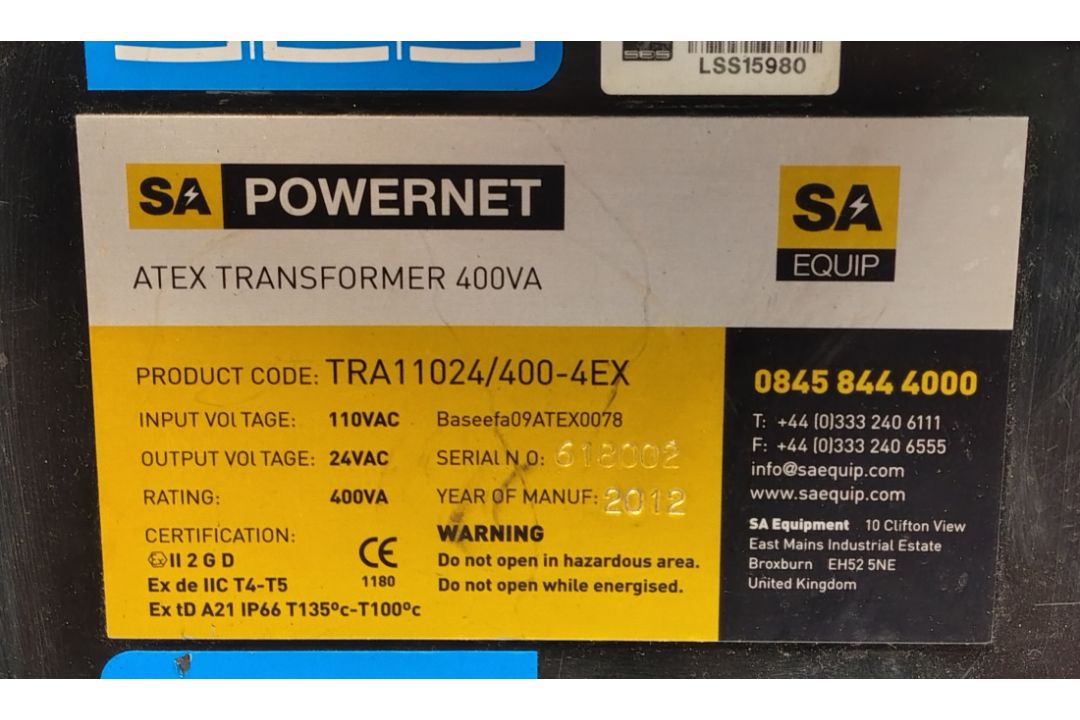 SA EQUIP TRA11024/400-4EX - 110V-24V Ex Transformer 400VA - Image 6 of 7
