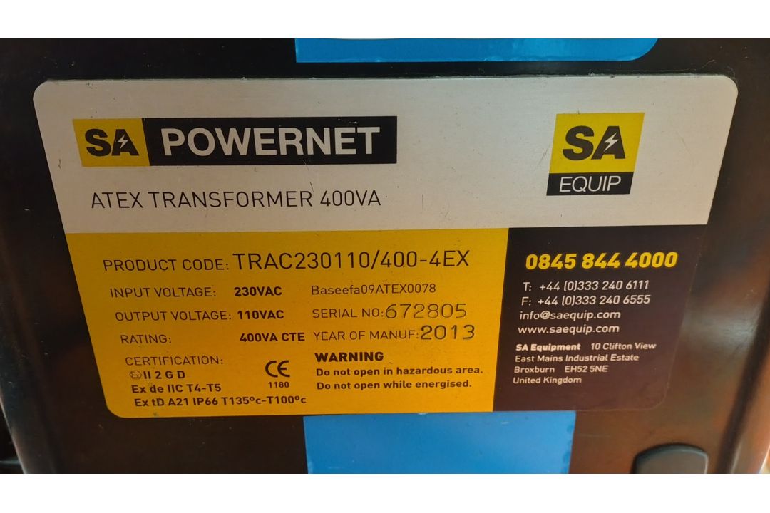 SA EQUIP TRAC230110/400-4EX 230V-110V SA Transformer - Image 5 of 5