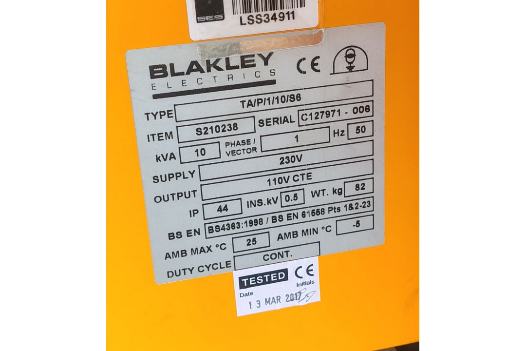 BLAKLEY TA/P/1/10/S6 240V-110V 10kVA Transformer - Image 6 of 6