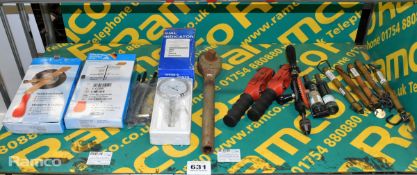 Workshop hand tools - mixed brass spring scales, dial hand torque wrench & more - see desc.