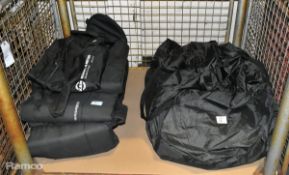 Staging Equipment - 5x mixed speaker/microphone stand bags (damaged) and BWS drape border 15m x 1.4m