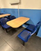 11x canteen tables with 4 fixed plastic chairs approx 1.6m L x 1.04m W x 0.7m H