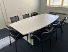 Boardroom table approx 2.4m L x 1.2m W x 0.74m H with 8x chairs