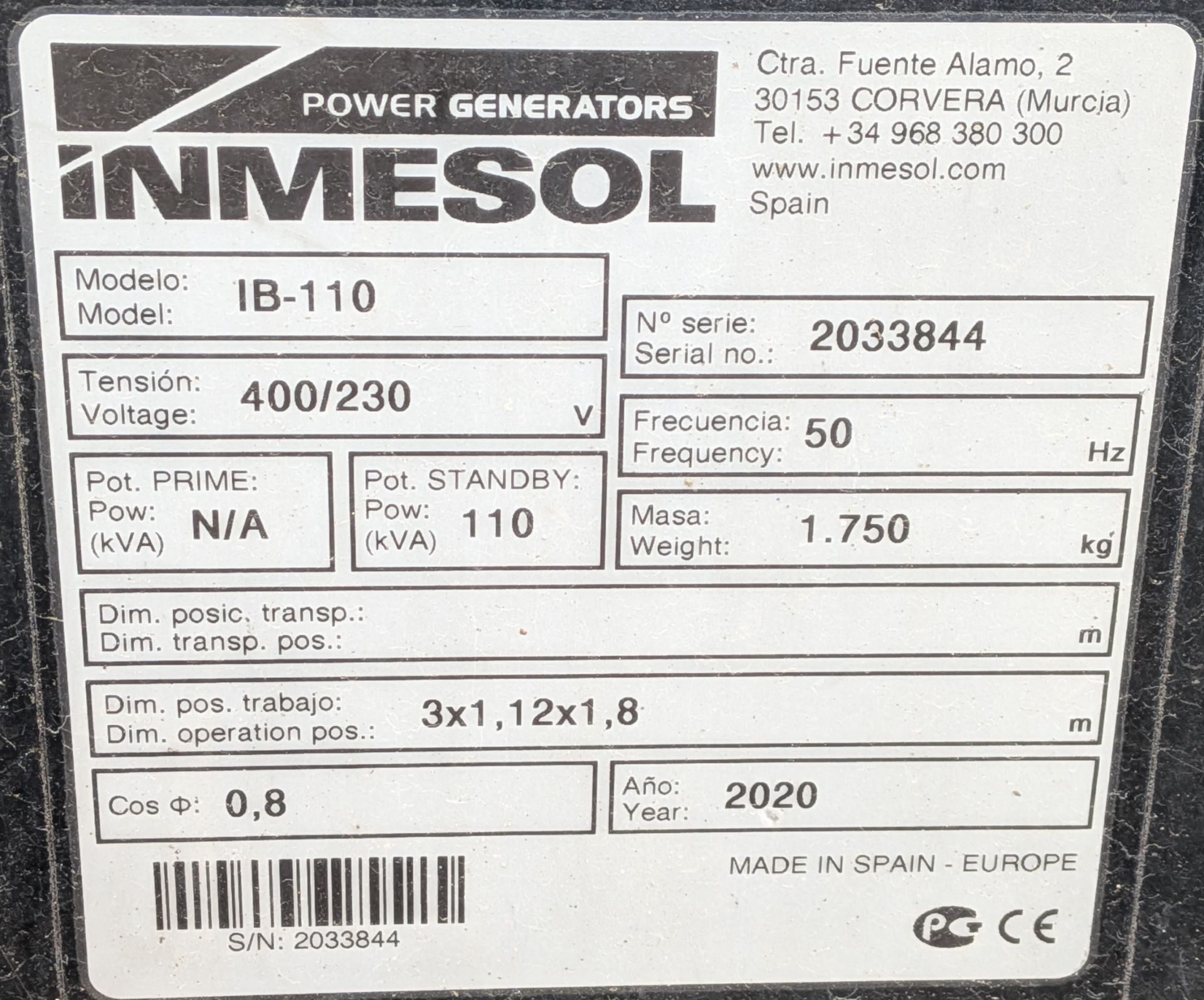 Inmesol IB-110 110kVA industrial diesel generator - 400/230V - full details in description - Image 6 of 23