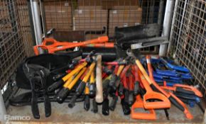 Various workshop tools including safe clamps, bolt cutters, pipe cutters, scissor lift and more