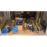 Mixed hand tools - hand drill, hand hammer, pliers, hand wire strippers, hand chisel and more