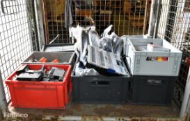 Multiple trays containing various work tools and consumables including torches, cable ties