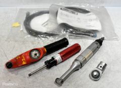 Workshop tools - Desoutter angle drill, hose, dial torque wrench, torque driver, socket wrench head