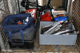 4x trays and 1x toolbag containing various work tools including hand saws, spirit level, drill bits