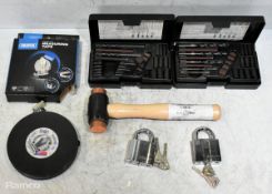 Hand tools - copper headed hammer, 2x 30M tape measure, 2x stud extractor set, Abloy padlocks