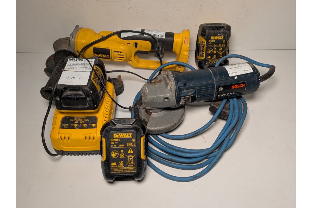 Bosch GWS 7-115 angle grinder, Dewalt DC411 angle grinder with DeWalt DE9135 battery charger - Image 1 of 15