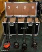 4x 1000kg Manual chain hoist, 1x ACE, 3x JET in black wheeled flight case - W 1060 x D 490 x H 670mm