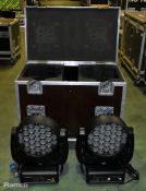 2x Ayrton WildSun 500 LED moving wash light including clamps in wheeled flight case