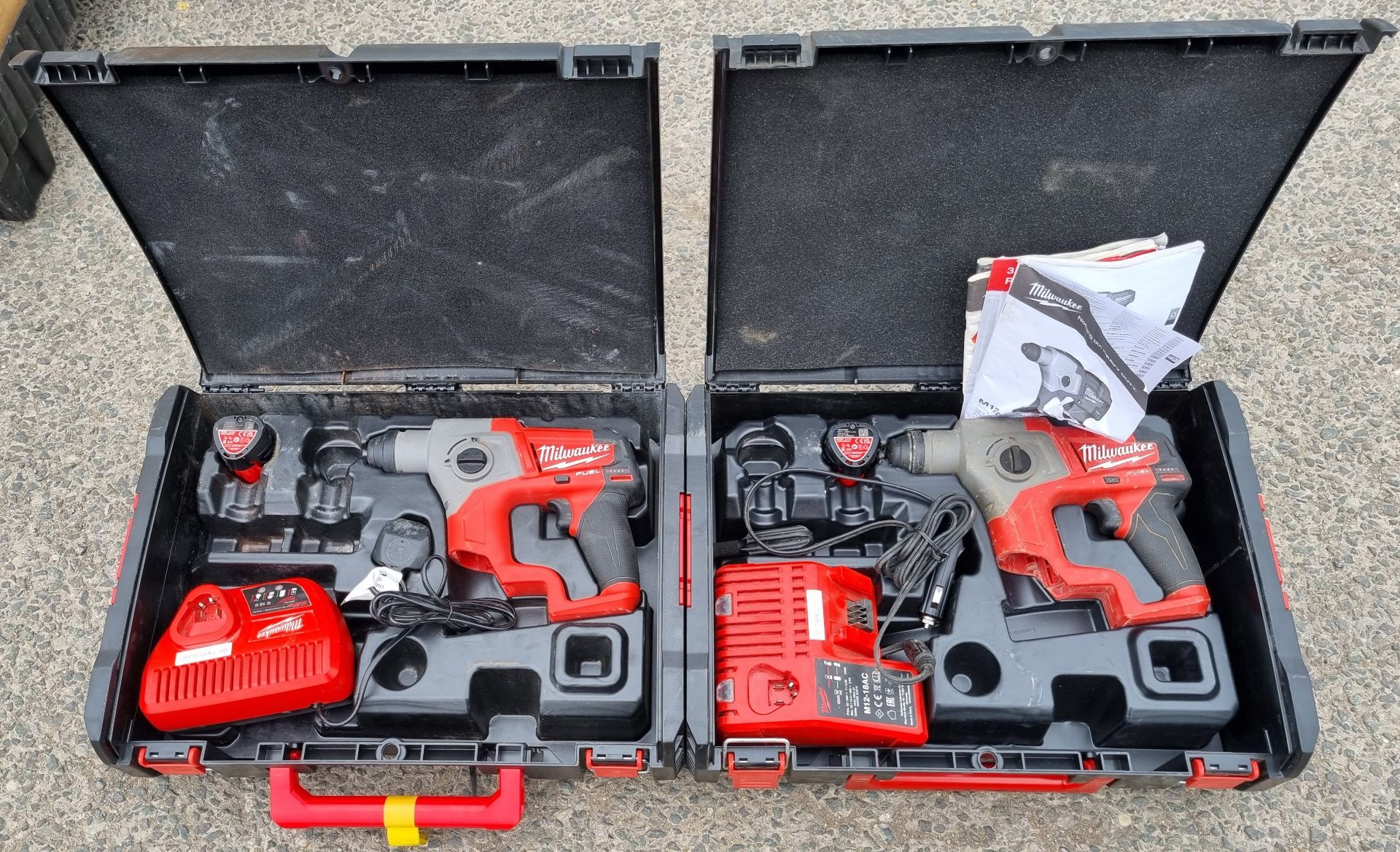 2x Milwaukee M12 CH hammer drill, c/w charger and battery with carry case