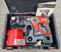 Milwaukee M12 CH hammer drill, c/w charger and battery and 4.0 Ah battery with carry case
