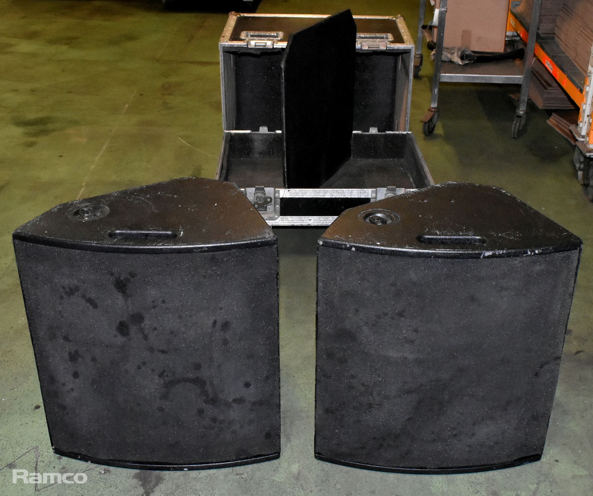 Pair of Max15 wedge monitors / speakers in flight case - speaker dimensions: W 540 x D 370 x H 580mm