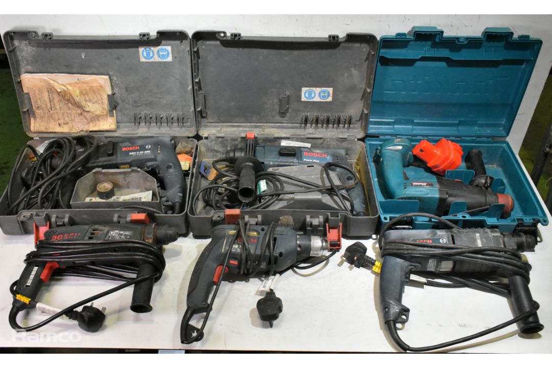 6x electric corded drills with 3x cases - 5x Bosch and 1x Makita - see description - Image 1 of 31