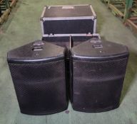 2x Turbosound TFM450 Mk II speakers with black/silver flightcase with wheels