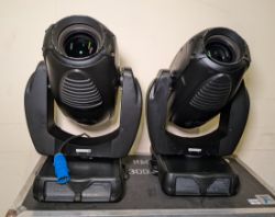 2x Vari-Lite VL3000 Spot moving head luminaire with hook/rail within wheeled black/silver flightcase