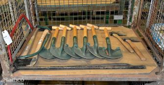 Mixed hand tools - 7x spades, 4x axes, 2x saws and 2 pry bars
