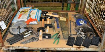 Mixed tools - saws, cutters, pliers, hammers, wrenches, wheel chocks and measuring tapes