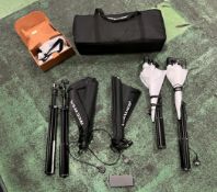 Studio photography background equipment, tripods, lights, screens: green, white , black,