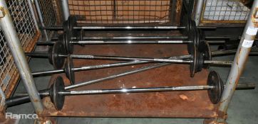 6x exercise barbells - 2x 35kg, 1x 25kg, 1x 22.5kg, 1x 20kg and 1x 15kg, with 1x 10kg small bar