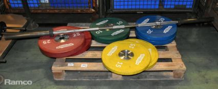 Olympic Barbell and weight set - set includes: Technogym plates - 2x 10kg, 2x 15kg, 2x 20kg, 2x 25kg