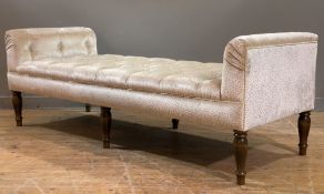 A contemporary upholstered Chesterfield bench, rolled arms and buttoned seat upholstered in cream
