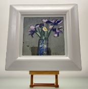 Signed Indistinclty, Iris still life, oil on panel, signed bottom right, in a glazed frame. (23.