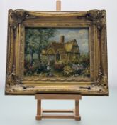 Unknown Artist, Countryside Cottage with young girl standing in garden, oil on board, unsigned in