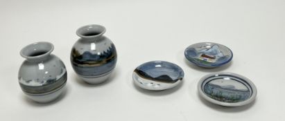 A mixed collection of Highland Stoneware comprising a bud vase decorated with a Scottish loch