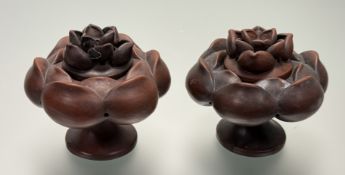 A pair of 20thc Chinese red clay lotus-form censers. (h-12cm) (2)