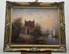 Baillie (20thc School), Dutch House by river, oil on canvas, signed bottom left, in a gilt