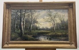 S.William, Woodland scene with figure fishing, oil on board, signed bottom right, in a wooden frame.