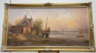 Baillie (20thc School), A Fisherman's House by a river with boats and figures, oil on canvas, signed