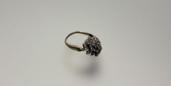 A yellow metal diamond cluster ring set old mine cut diamond points in white metal a/f bent, shank