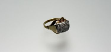 A continental yellow metal ring set three rows of six clear stones in milligrain setting Q/R 2.82g