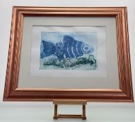 Contemporary School, Goldfish, coloured etching, unsigned, in a glazed wooden frame. (21cmx29cm)